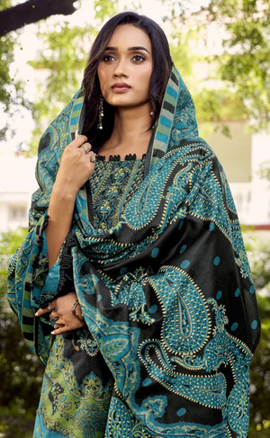 DRAVINAM Trends Women's Unstitched Cotton Suit Dress Material -Embroidered Digital Print Top II Plain Bottoms II Digital Print Dupatta