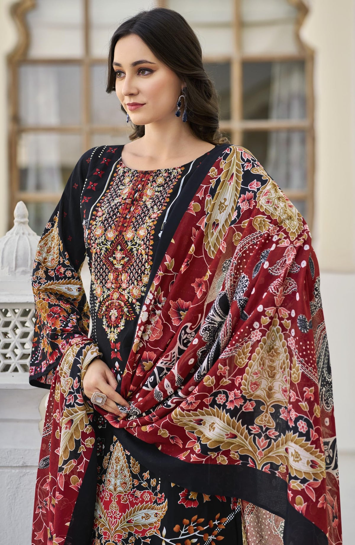 DRAVINAM Trends Women's Unstitched Salwar Suit Dress Material - Cotton Digital Printed Organza Embroidered Kameez II Solid Bottoms II Printed Dupatta