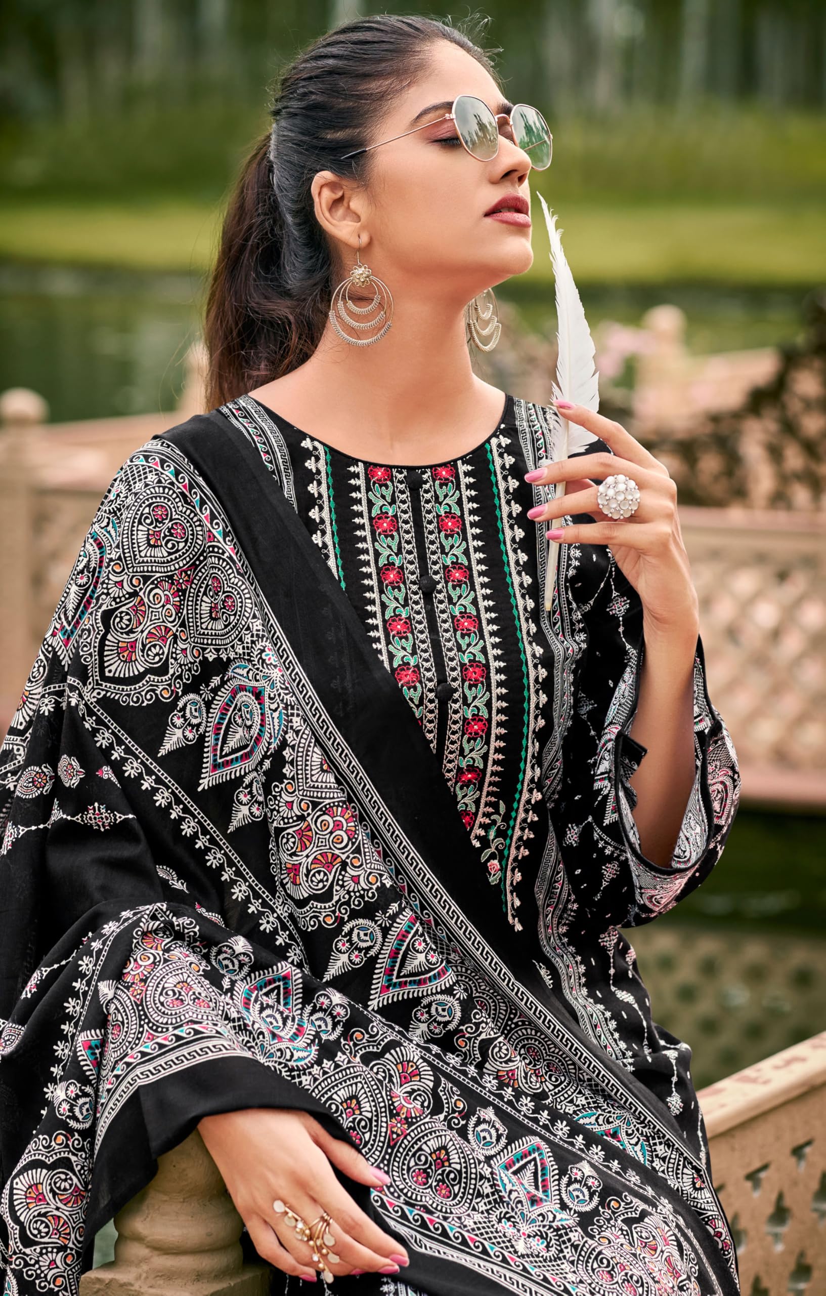 DRAVINAM Trends Women's Pakistani Print Embroidered Unstitcehd Pure Cambric Cotton Salwar Suit Dress Materials with Pure Cotton Printed Dupatta