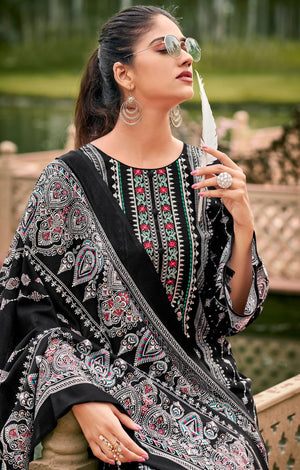 DRAVINAM Trends Women's Pakistani Print Embroidered Unstitcehd Pure Cambric Cotton Salwar Suit Dress Materials with Pure Cotton Printed Dupatta