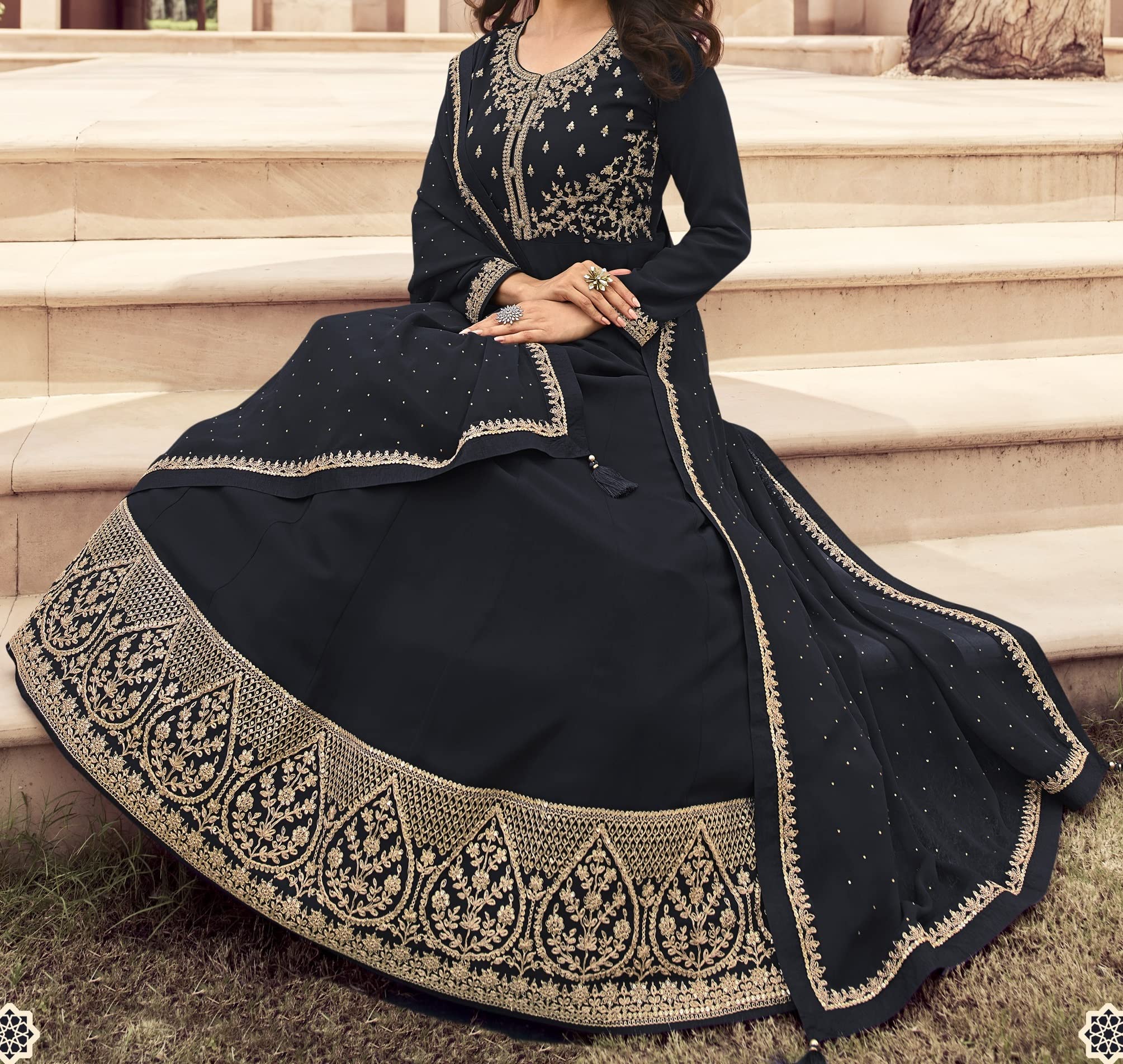 DRAVINAM Trends Women's Pure Georgette Heavy Zari Embroidered Anarkali Unstitched Suit Gown material with Georgette Embroidered and Swaroski work Dupatta (Free Size_Pinkish Red)