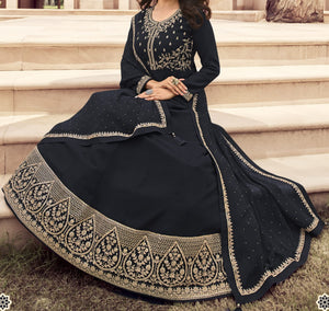 DRAVINAM Trends Women's Pure Georgette Heavy Zari Embroidered Anarkali Unstitched Suit Gown material with Georgette Embroidered and Swaroski work Dupatta (Free Size_Pinkish Red)