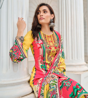 DRAVINAM Trends Women's Lawn Cotton Pakistani Embroidered Suit Dress Material with Unstitched Bottoms and Cotton Dupatta