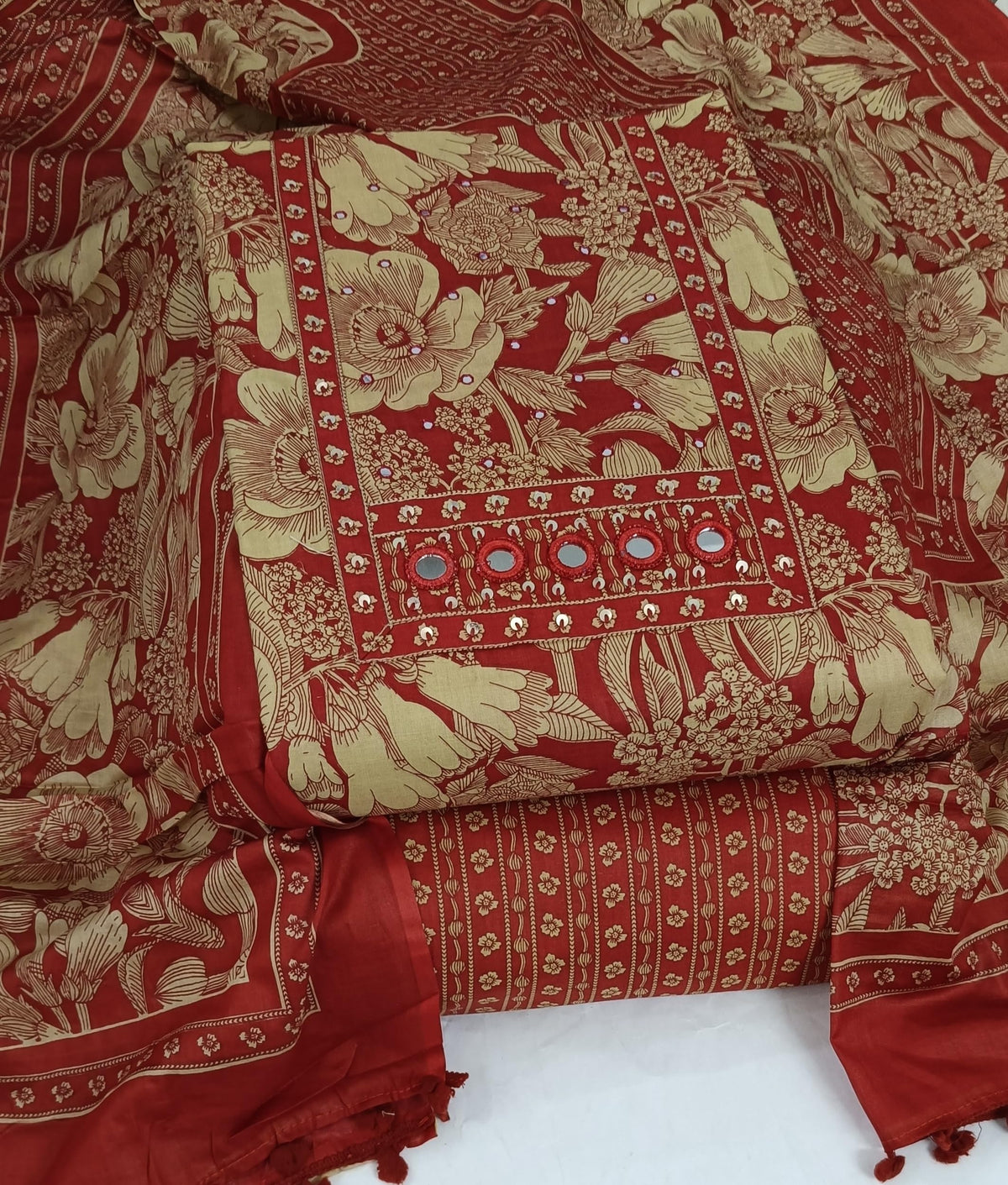 DRAVINAM Trends Women's Printed Embroidered and Hand Work Premium Cotton Jaipuri Unstitched Salwar Suit Dress Material with Mulmul Cotton Dupatta
