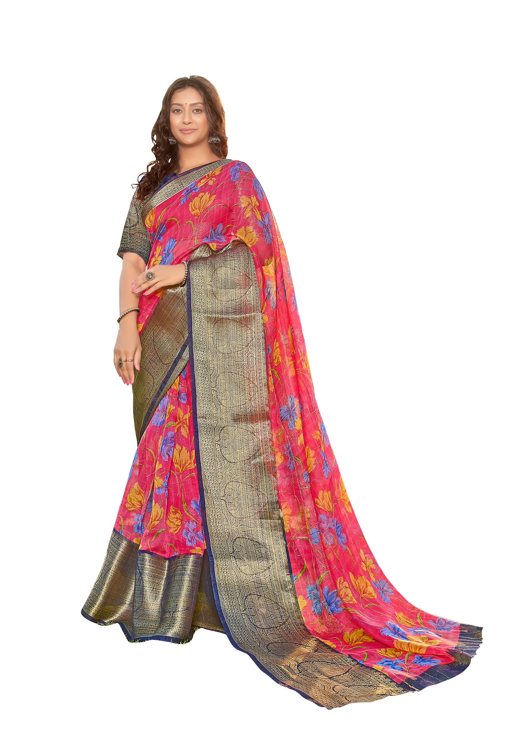 DRAVINAM Trends Women's Khadi Saree With Blouse Piece (Org_10a_Pink Blue)