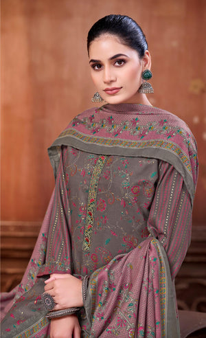 DRAVINAM Trends Women's Winter Wear Unstitched Discharge Print Hand Work Neck Embroidered Woollen Viscose Pashmina Salwar Suit Dress Material with Pashmina Printed Shawl Dupatta