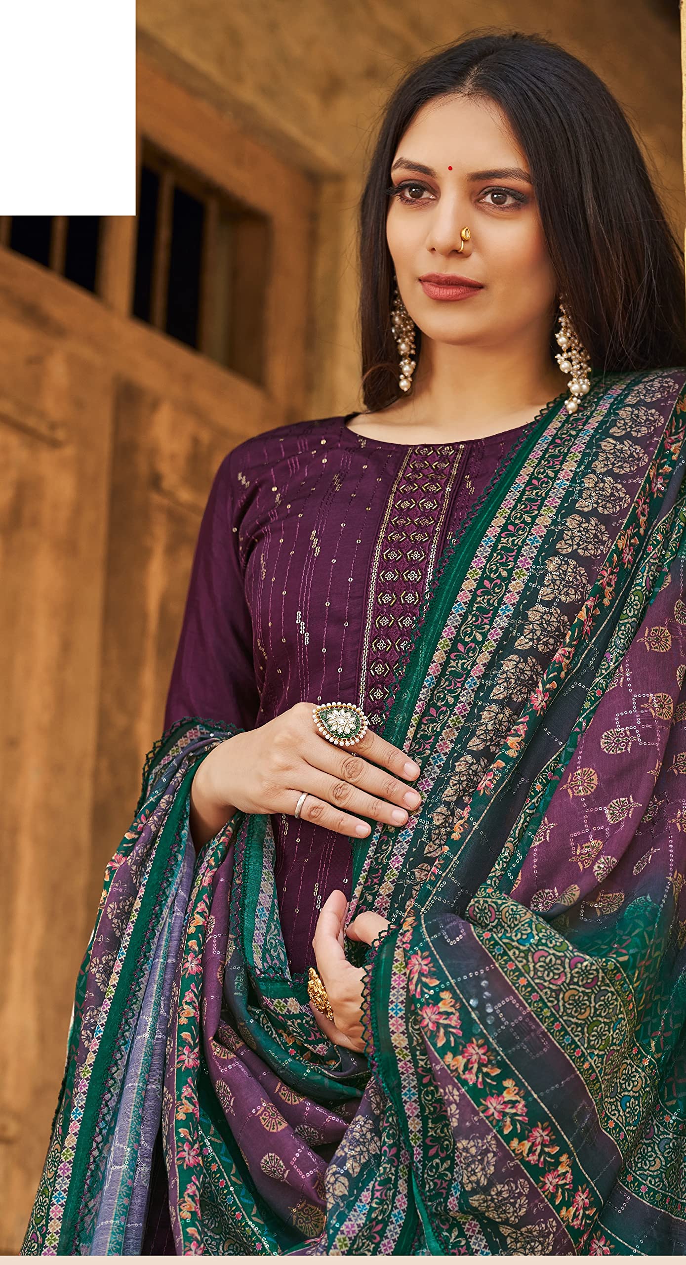 DRAVINAM Trends Women's Pure Viscose Upada Silk Sequence work Unstitched Salwar Suit Material with Pure Muslin Digital Print Sequence Dupatta (Free size_Wine)