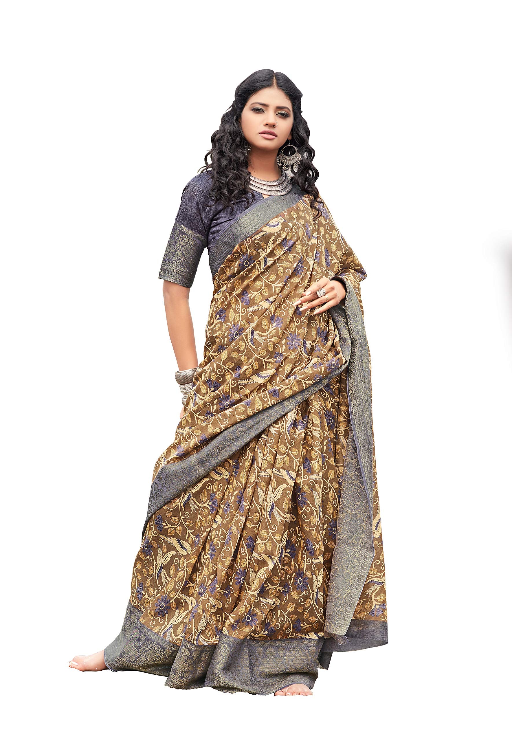 DRAVINAM Trends Women's Jacquard Linen Saree With Un-stitched Blouse (SareeSRRm_7_Silver Grey)