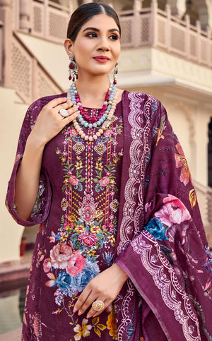 DRAVINAM Trends Lawn Cotton Pakistani Embroidered Suit Dress Material with Unstitched Bottoms and Cotton Dupatta
