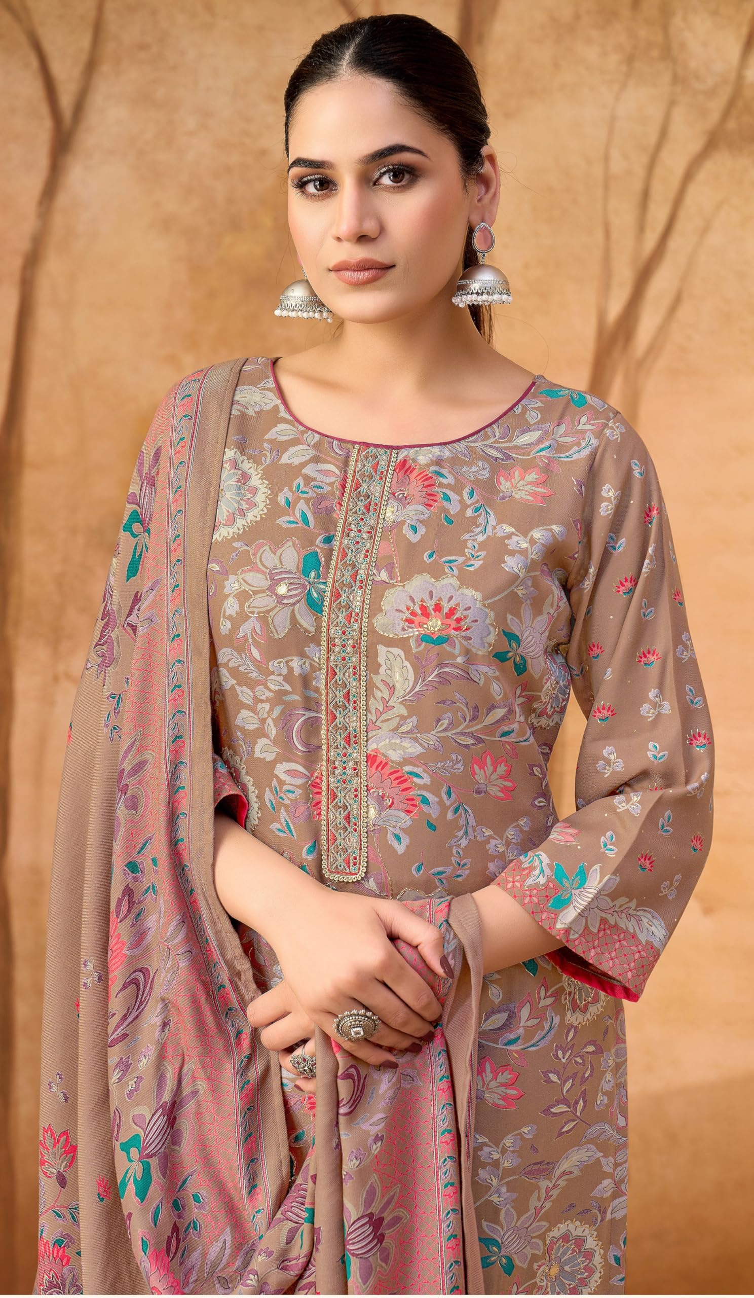 DRAVINAM Trends Women's Winter Wear Unstitched Discharge Print Hand Work Neck Embroidered Woollen Viscose Pashmina Salwar Suit Dress Material with Pashmina Printed Shawl Dupatta