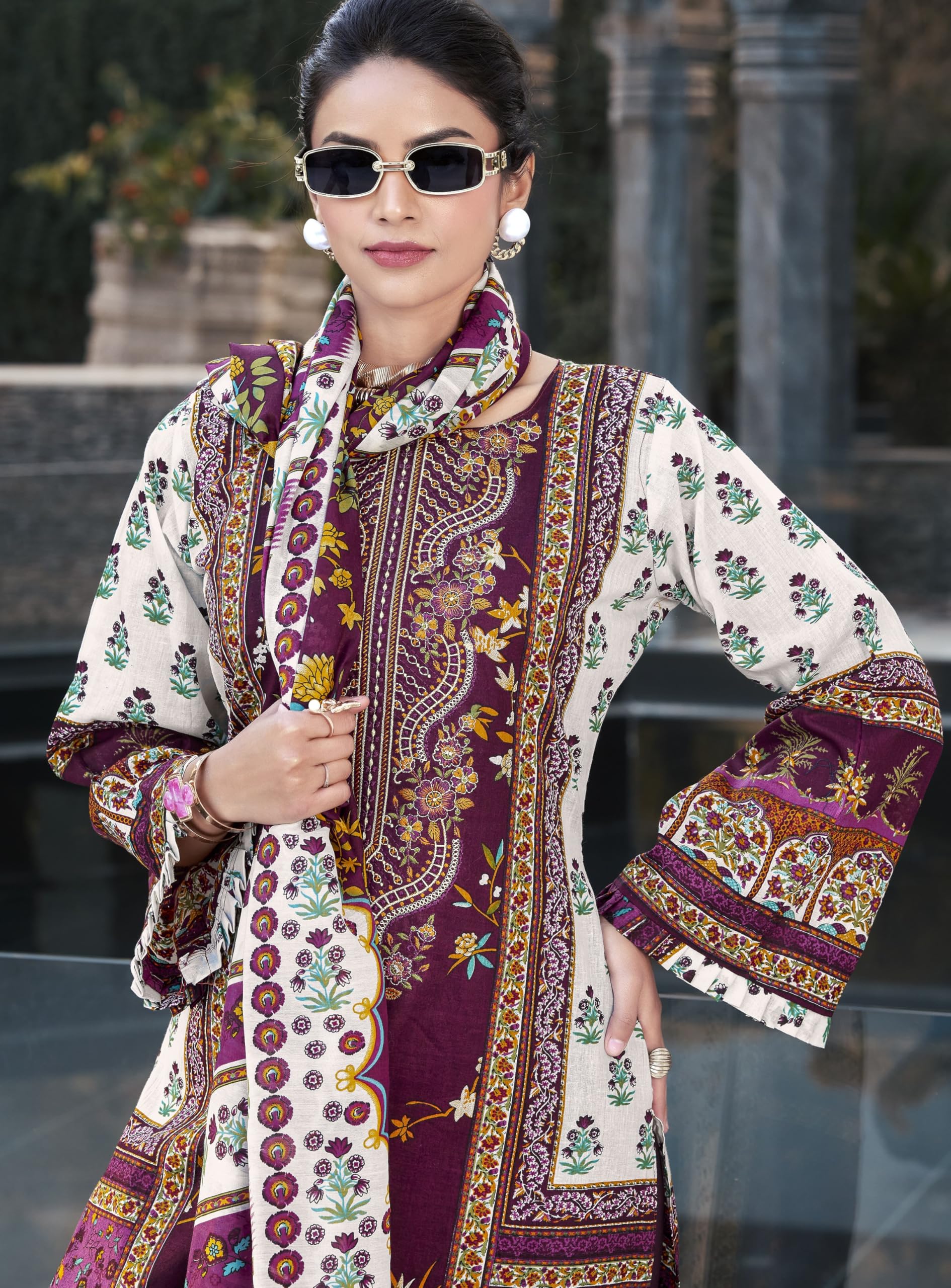 DRAVINAM Trends Women's Pure Lawn Cotton Pakistani Embroidered Suit Dress Material with Unstitched Bottoms and Cotton Dupatta