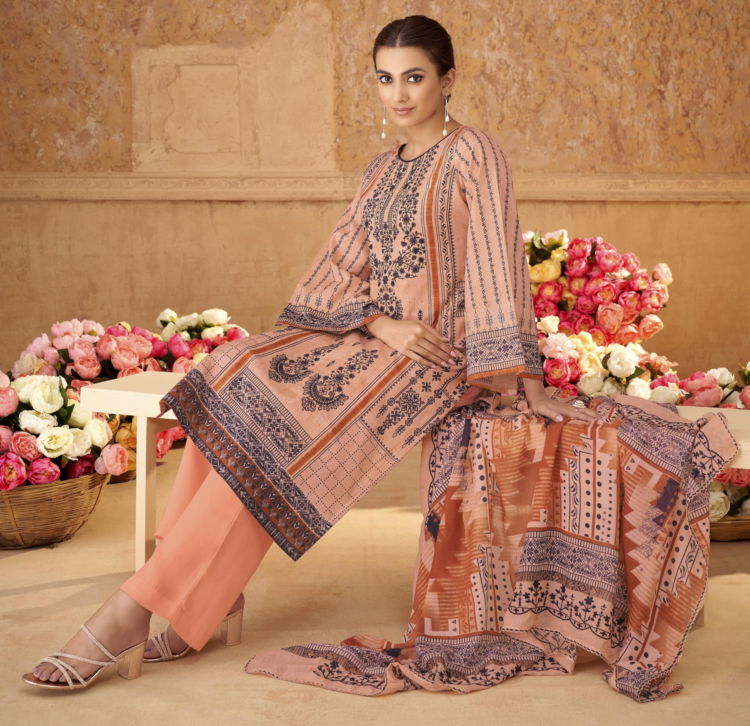 DRAVINAM Trends Unstitched Cotton Suit Dress Material Set: Pakistani Print Top Fabric with Embroidery | Customizable Solid Bottoms | Cotton Fancy Dupatta