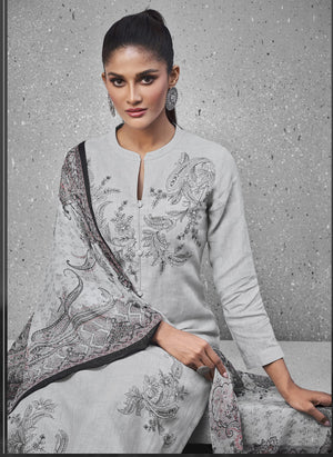 DRAVINAM Trends Women's Unstitched Emnroidered and Beads Work Cotton Slub Salwar Suit Dress Material with Digital Printed Bember Chiffon Half Pure Dupatta (Free Size_Grey)