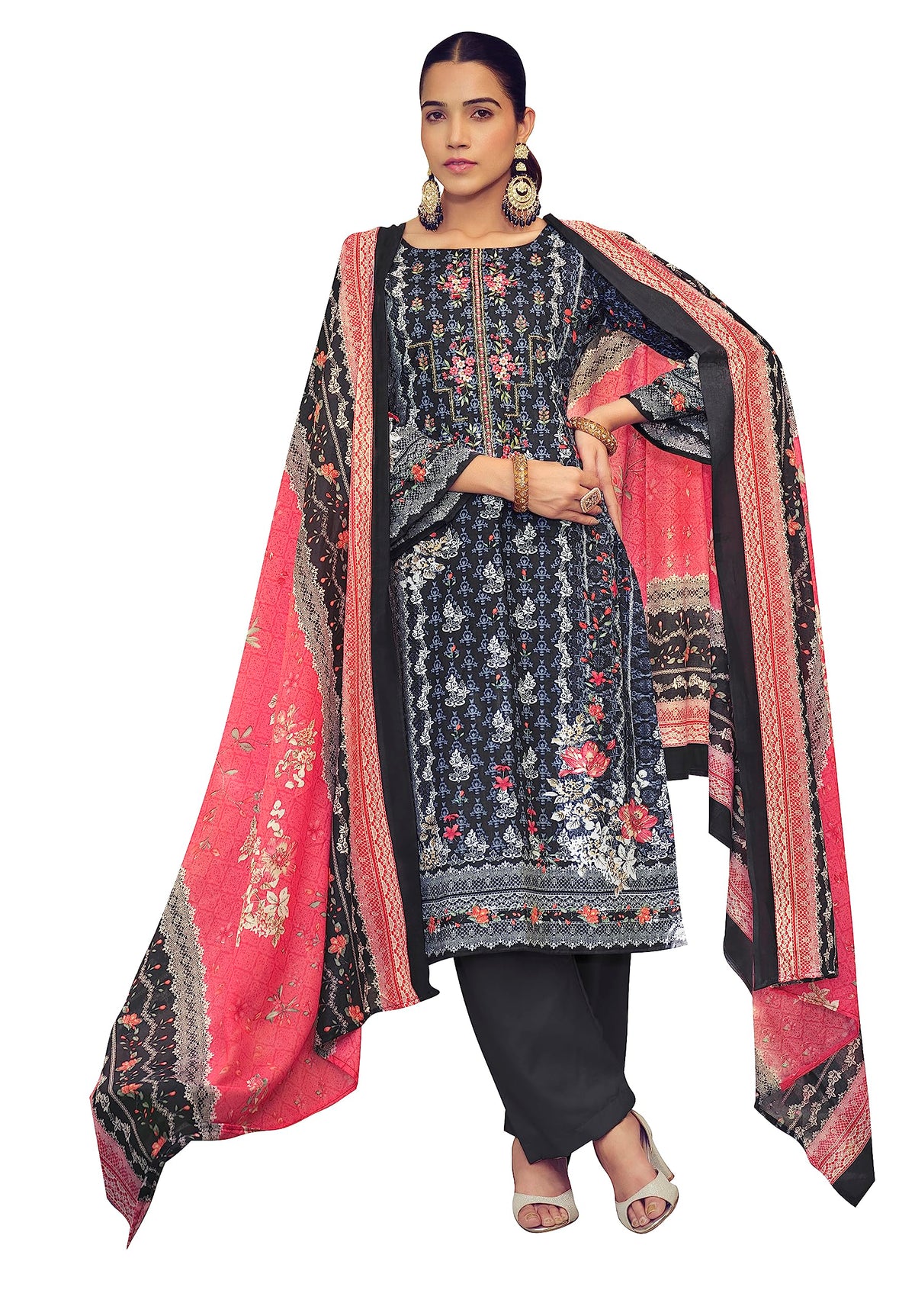 DRAVINAM Trends Unstitched Pakistani Print Embroidered Cotton Suit Dress Materials with Printed Cotton Dupatta