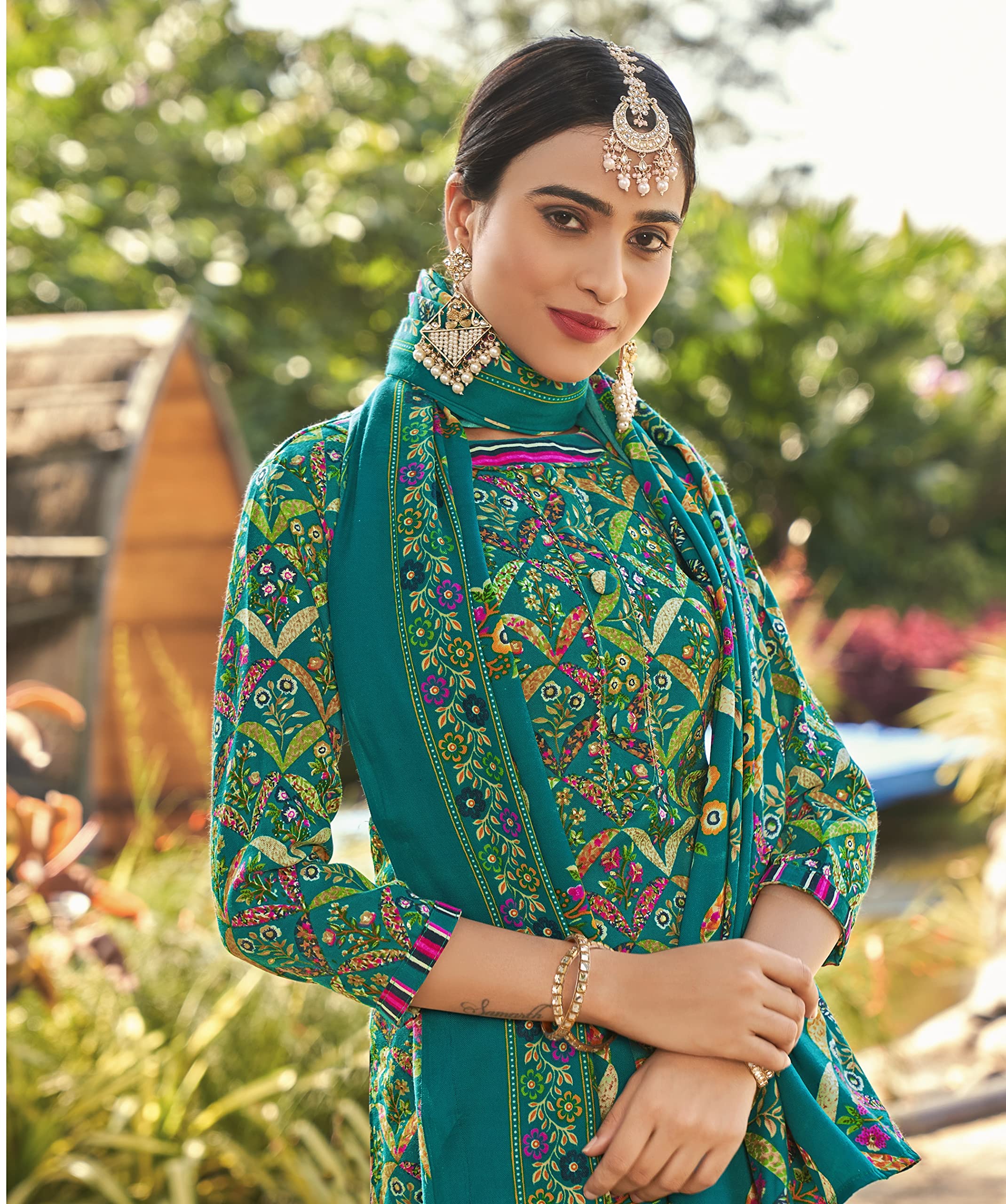 DRAVINAM Trends Women's Unstitched Kashmiri Print Woollen Pashmina Salwar Suit Dress Material with Pashmina Printed Shawl Dupatta (Free Size) (Brown)