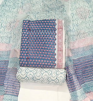 DRAVINAM Trends Hand Block Print Pure Cambric Cotton Unstitched Suit Material with Chiffon Hand Printed Dupatta