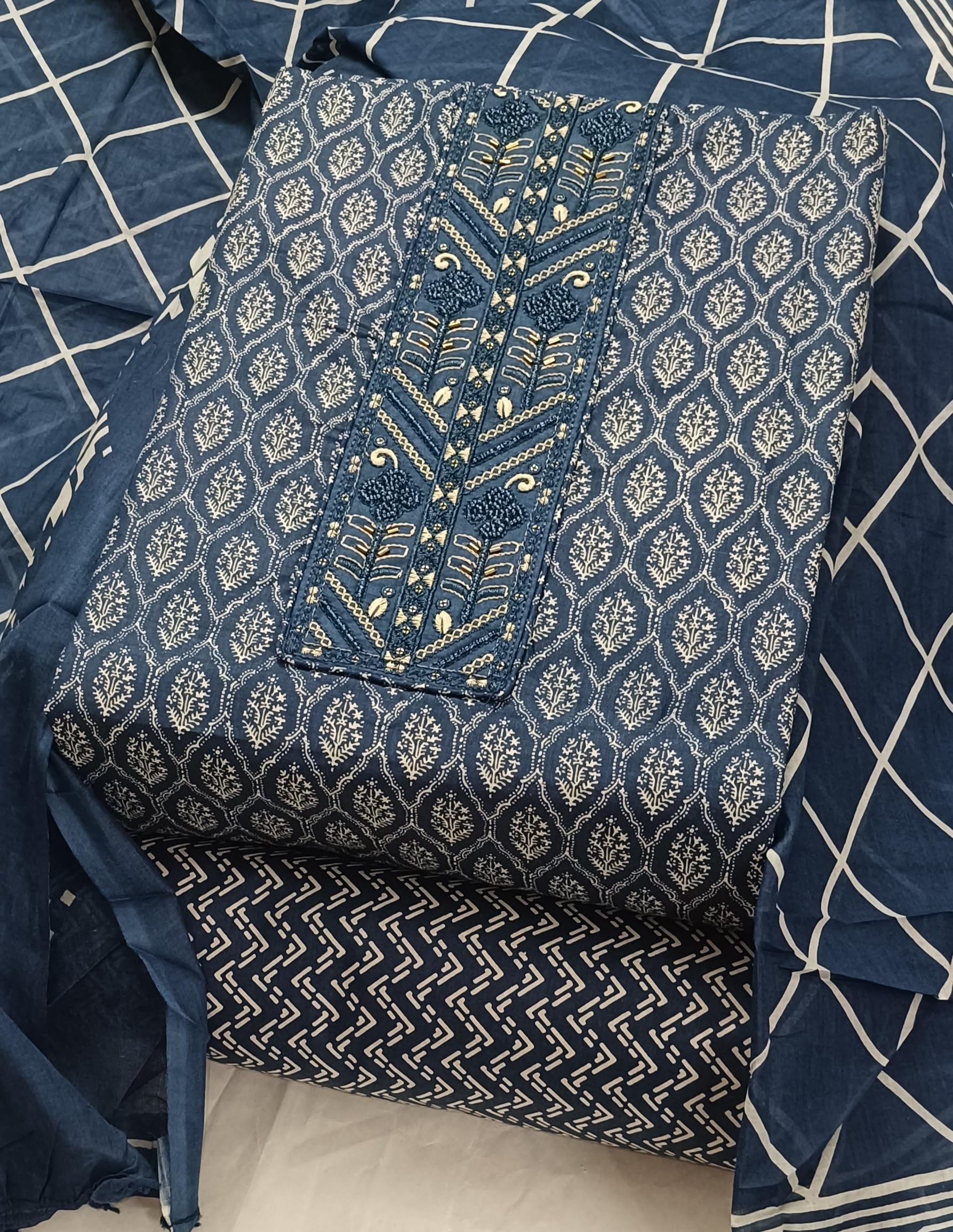 DRAVINAM Trends Women's Premium Cotton Jaipuri Printed Embroidered and Hand Work Unstitched Salwar Suit Dress Material with Mulmul Cotton Dupatta