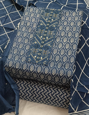 DRAVINAM Trends Women's Premium Cotton Jaipuri Printed Embroidered and Hand Work Unstitched Salwar Suit Dress Material with Mulmul Cotton Dupatta