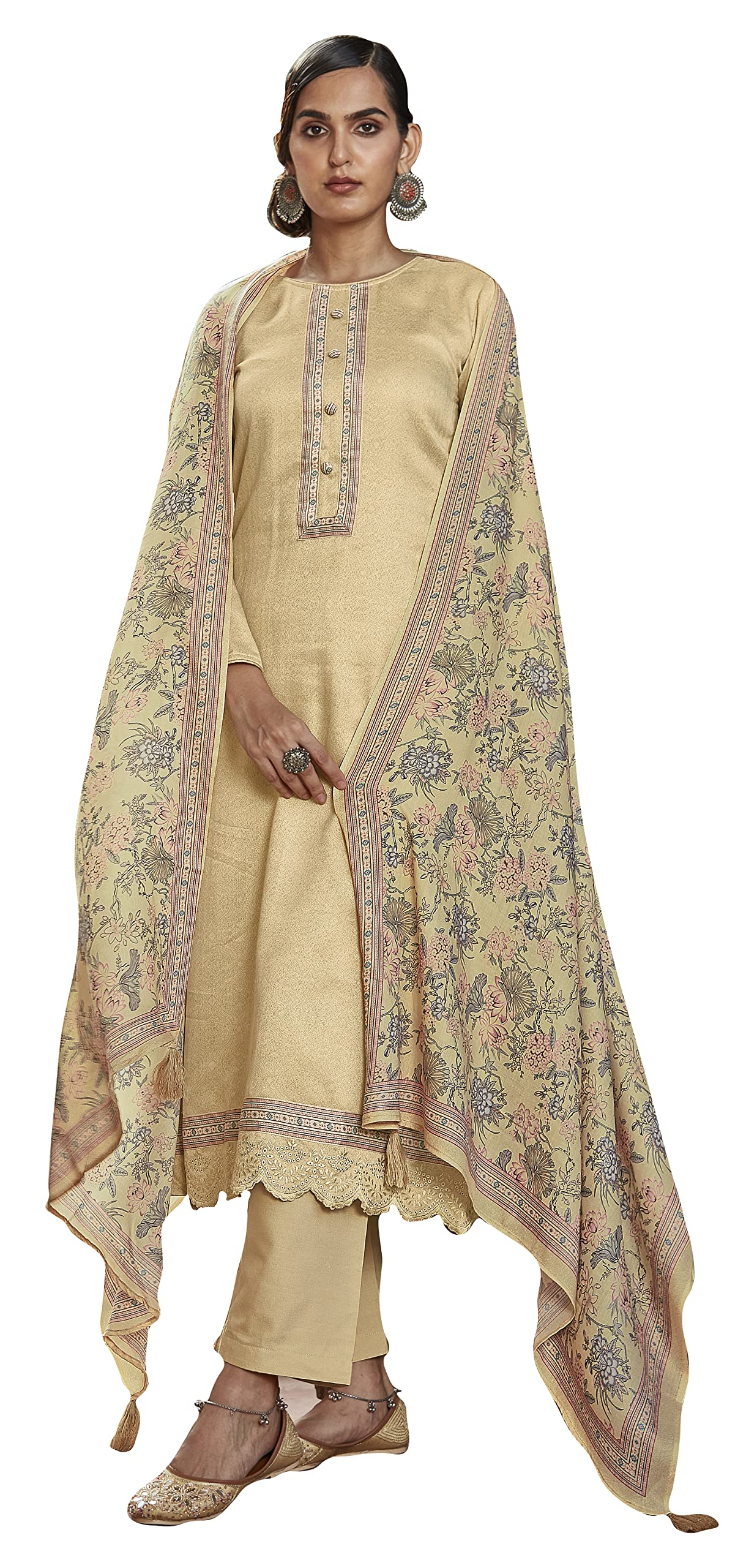 DRAVINAM Trends Women's Unstitched digital Print Embroidered Pure Woollen Pashmina Salwar Suit Dress Material with printed woolen shawl dupatta (Cream)