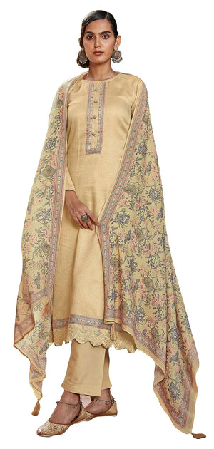 DRAVINAM Trends Women's Unstitched digital Print Embroidered Pure Woollen Pashmina Salwar Suit Dress Material with printed woolen shawl dupatta (Cream)