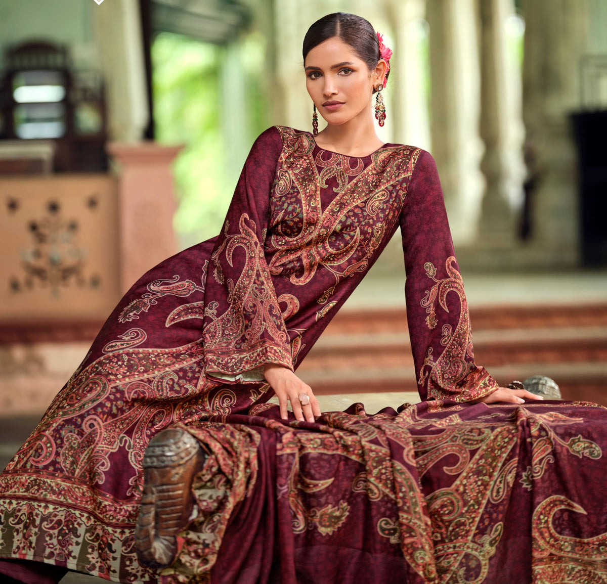 DRAVINAM Trends Women's Pure Viscose Pashmina Digital Kashmiri Printed Salwar Suit Material Set with Unstitch Bottom and Kashmiri Print Shawl Dupatta