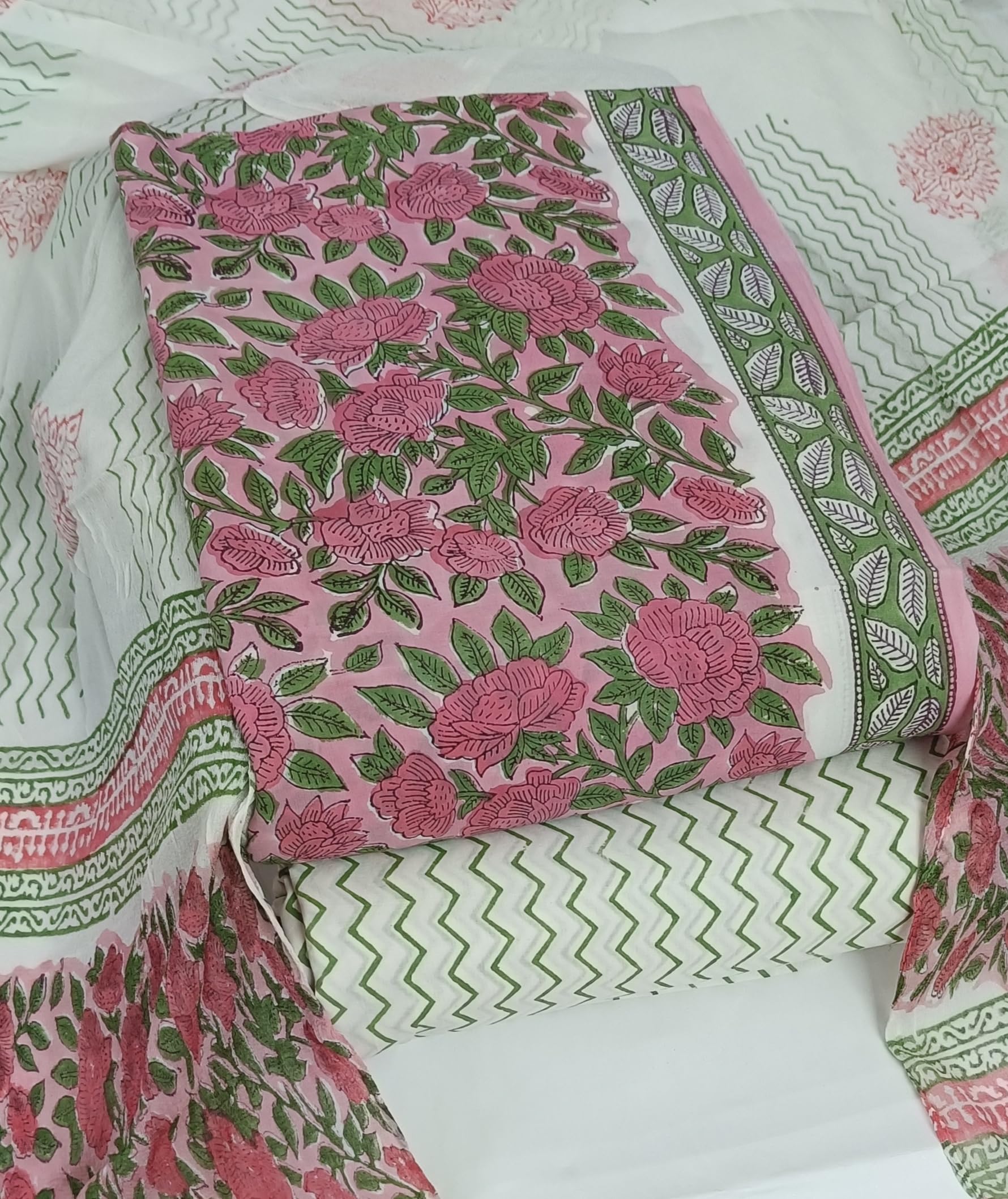 DRAVINAM Trends Hand Block Print Pure Cambric Cotton Unstitched Suit Material with Chiffon Hand Printed Dupatta