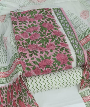 DRAVINAM Trends Hand Block Print Pure Cambric Cotton Unstitched Suit Material with Chiffon Hand Printed Dupatta