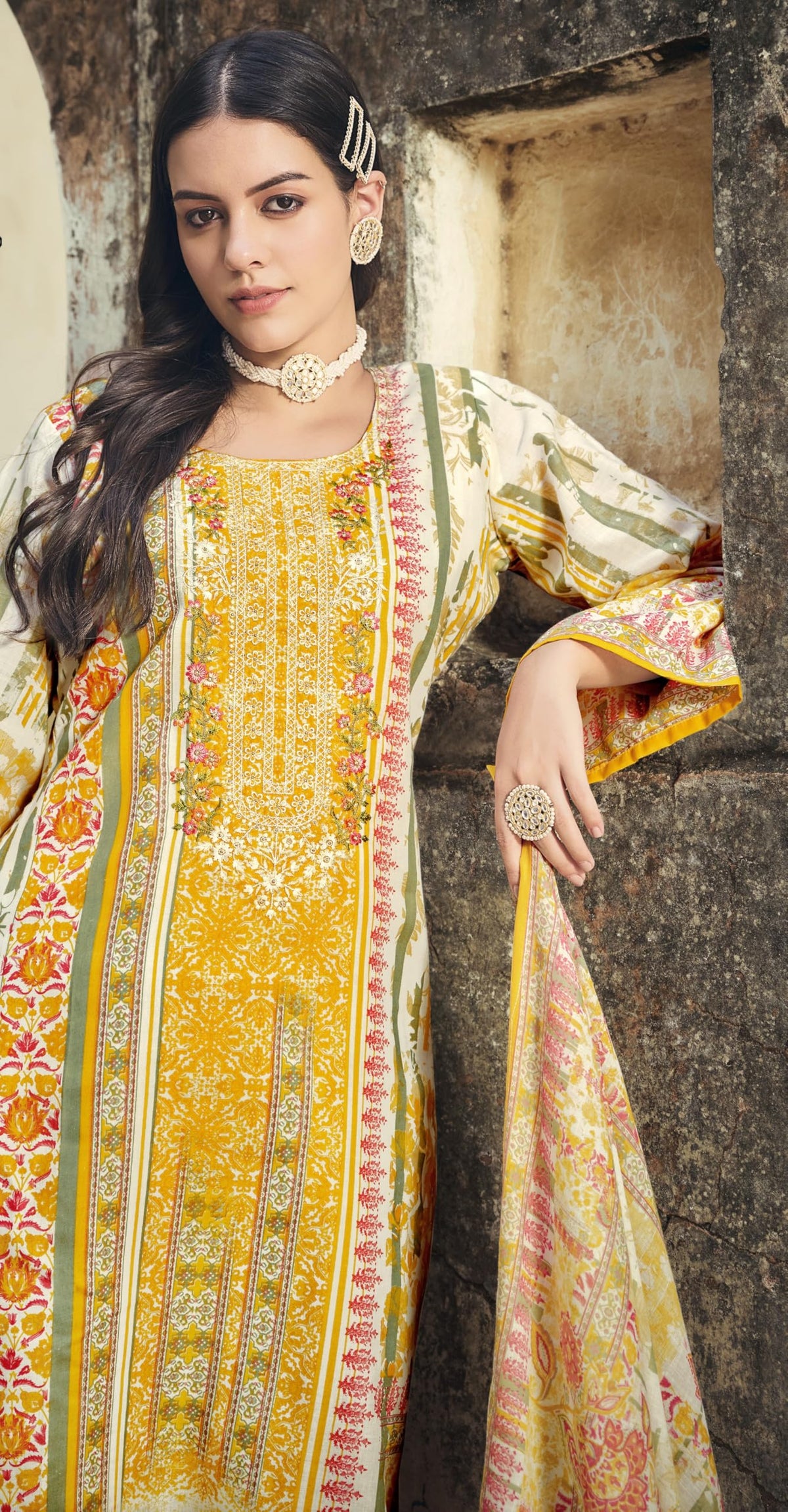 DRAVINAM Trends Women's Cotton Printed Thread Embroidery Work Unstitched Salwar Suit Dress Material With Dupatta (Grey, Unstitched Suit)