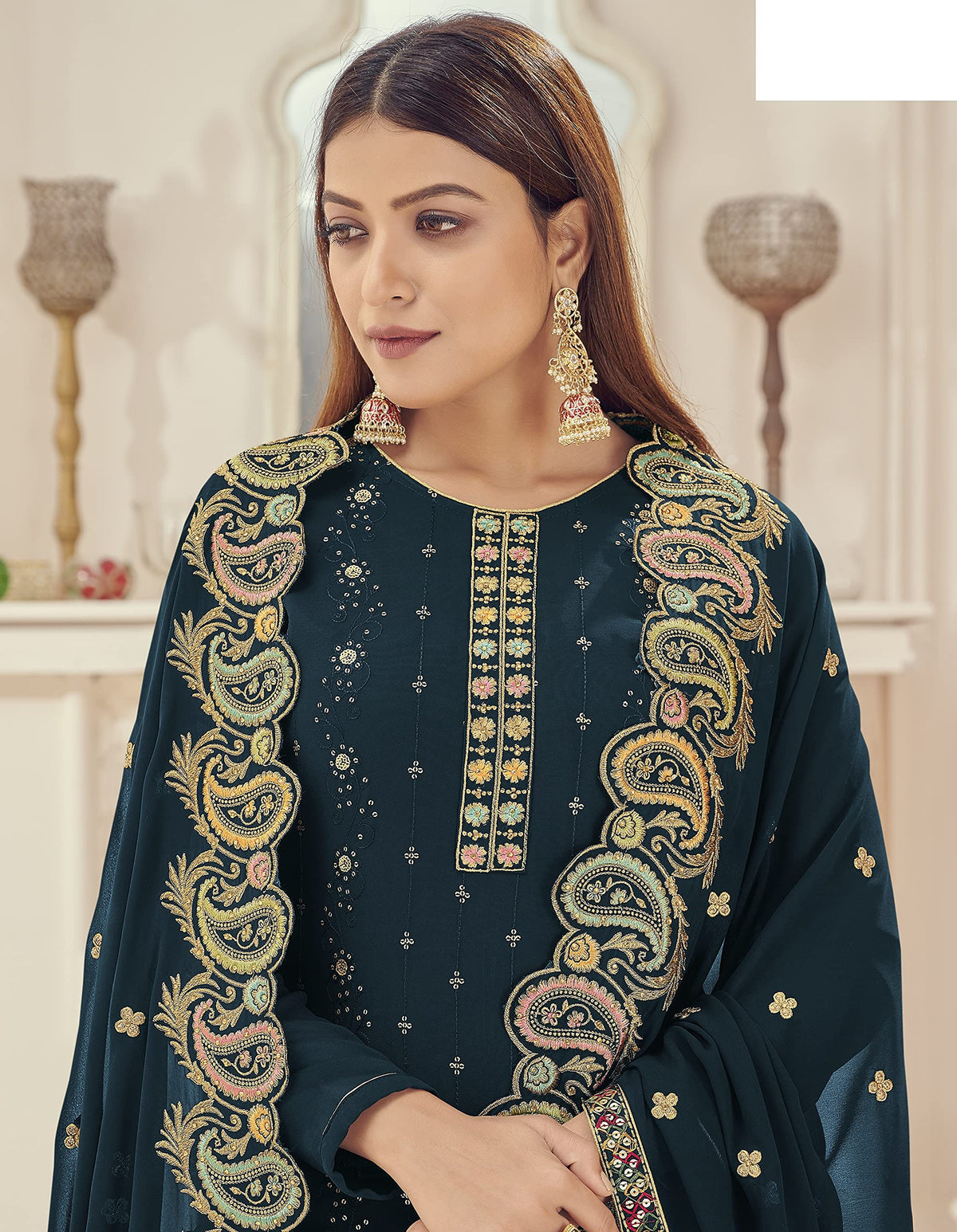 DRAVINAM Trends Women's Heavy Embroidered Pure Georgette Sharara Salwar Suit Dress Material with Heavy Embroidered Pure Georgette Dupatta (Free size_Maroonish red)