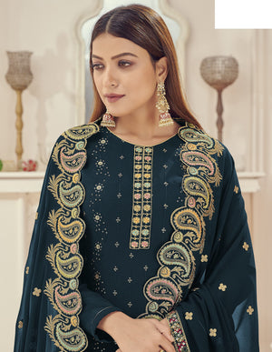 DRAVINAM Trends Women's Heavy Embroidered Pure Georgette Sharara Salwar Suit Dress Material with Heavy Embroidered Pure Georgette Dupatta (Free size_Maroonish red)