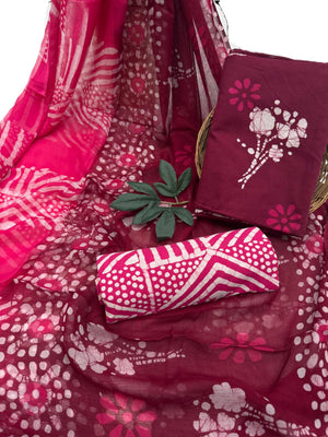 DRAVINAM Trends Hand Block Print Cambric Cotton Unstitched Salwar Suit Set for Women with Pure Chiffon Hand Printed Dupatta