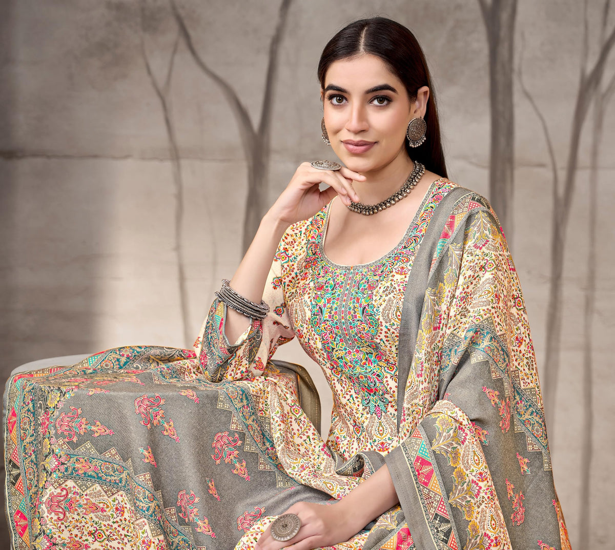 DRAVINAM Trends Women's Winter Wear Pure Viscose Woolen Pashmina Digital Kani Printed Swaroski Work Unstitch Salwar Suit Dress Material with Pure Digital Viscose Pashmina Woolen Warm Shawl Dupatta