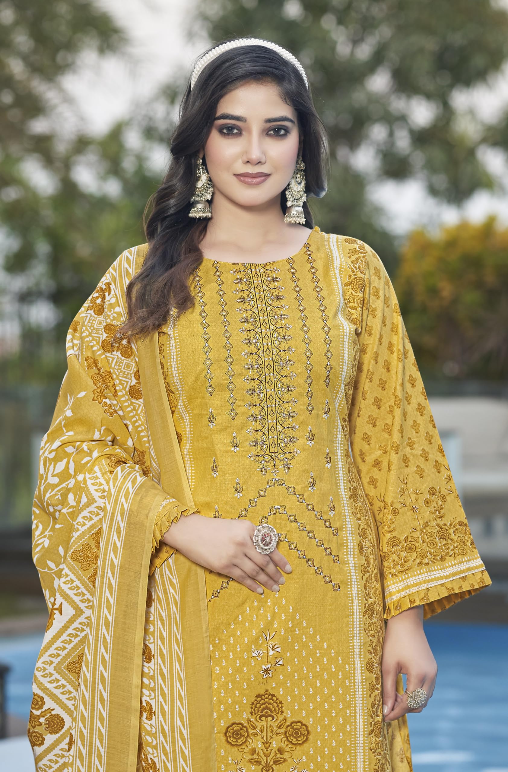 DRAVINAM Trends Women's Pure Lawn Cotton Pakistani Embroidered Suit Dress Material with Unstitched Bottoms and Cotton Dupatta