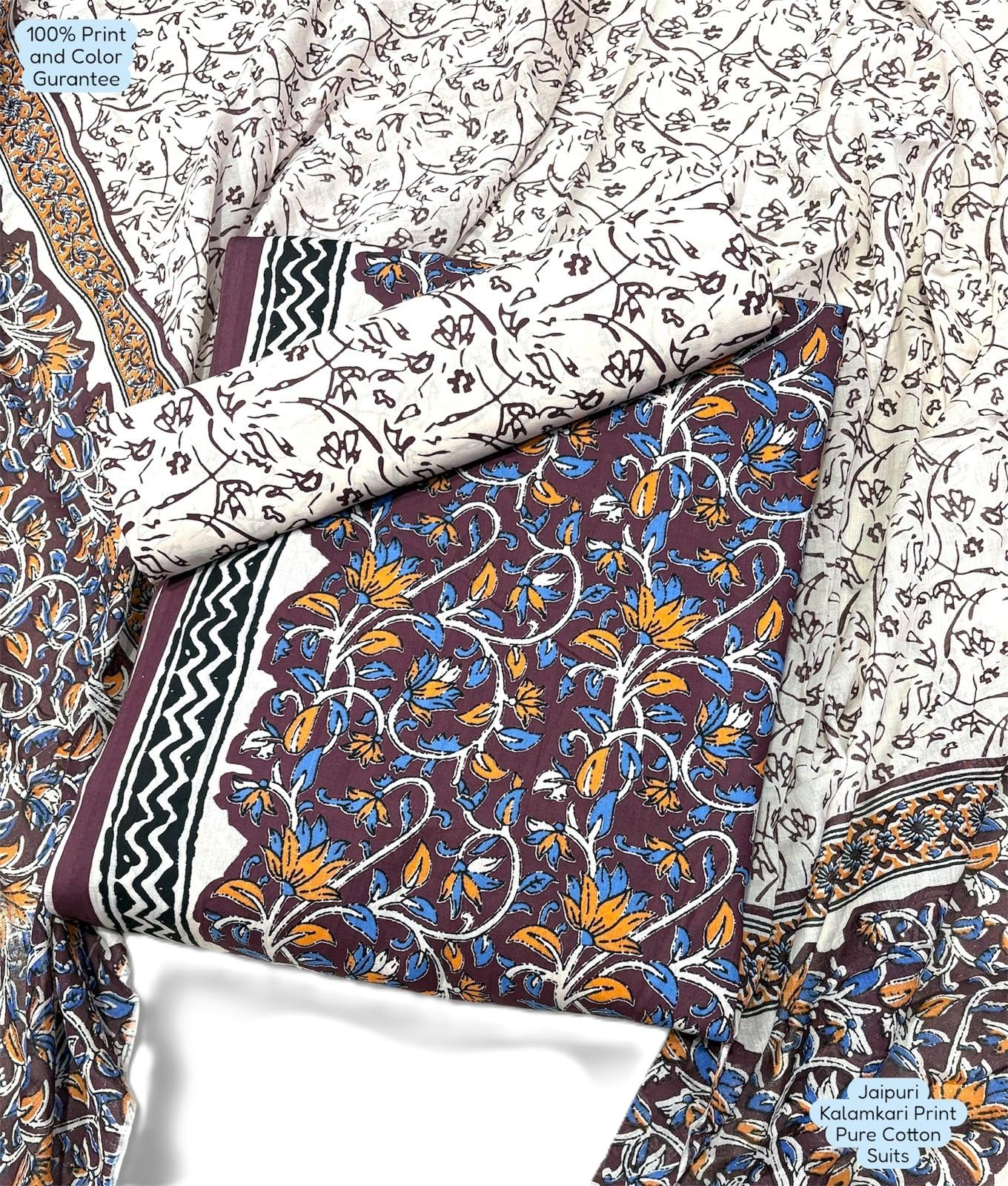 DRAVINAM Trends Unstitched Jaipuri Handmade Traditional Kalamkari Print Soft Cotton Dress Material with Cotton Dupatta
