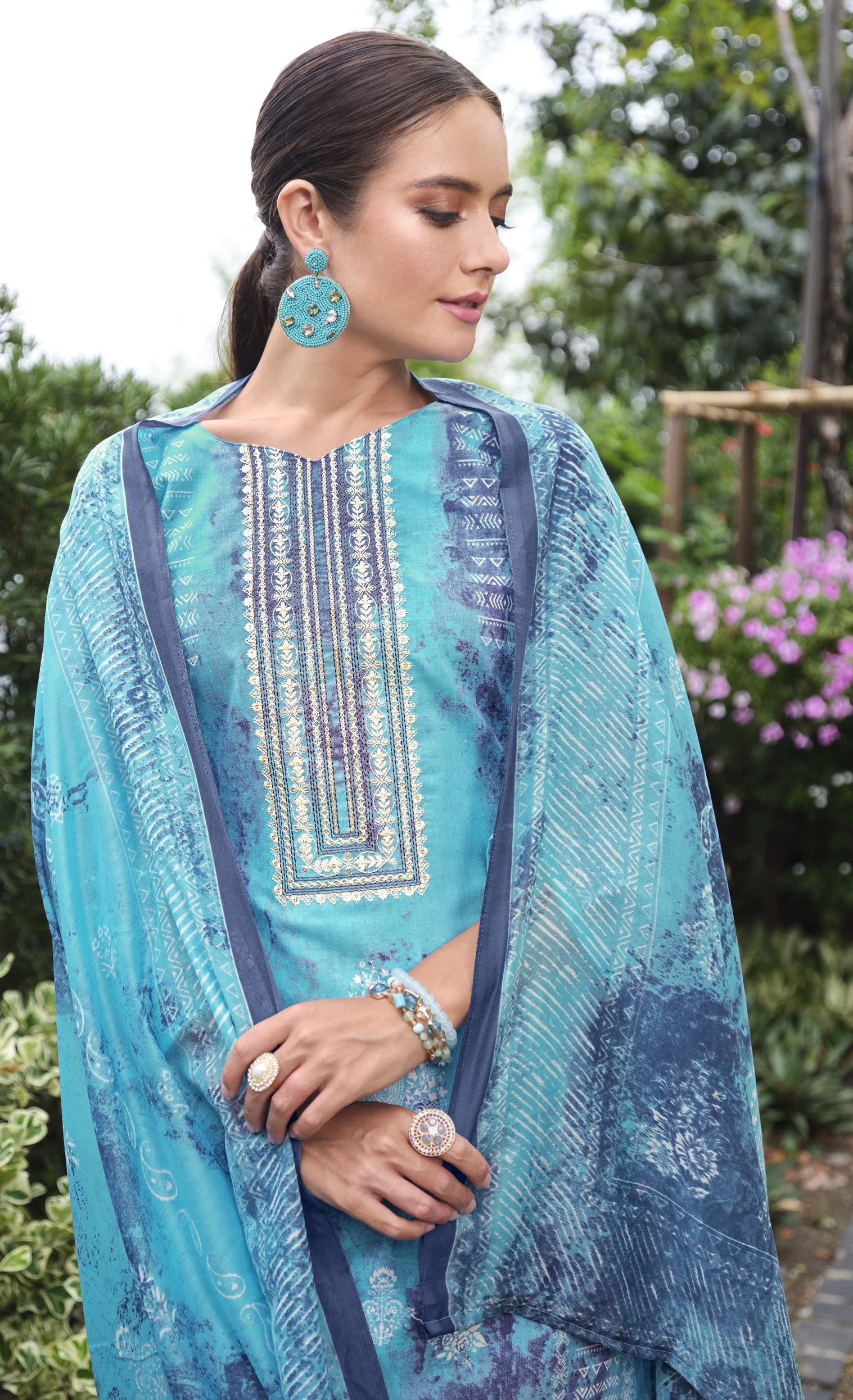 DRAVINAM Trends Unstitched Printed Embroidered Lace Work Cotton Salwar Suits Dress Material with Cotton Dupatta