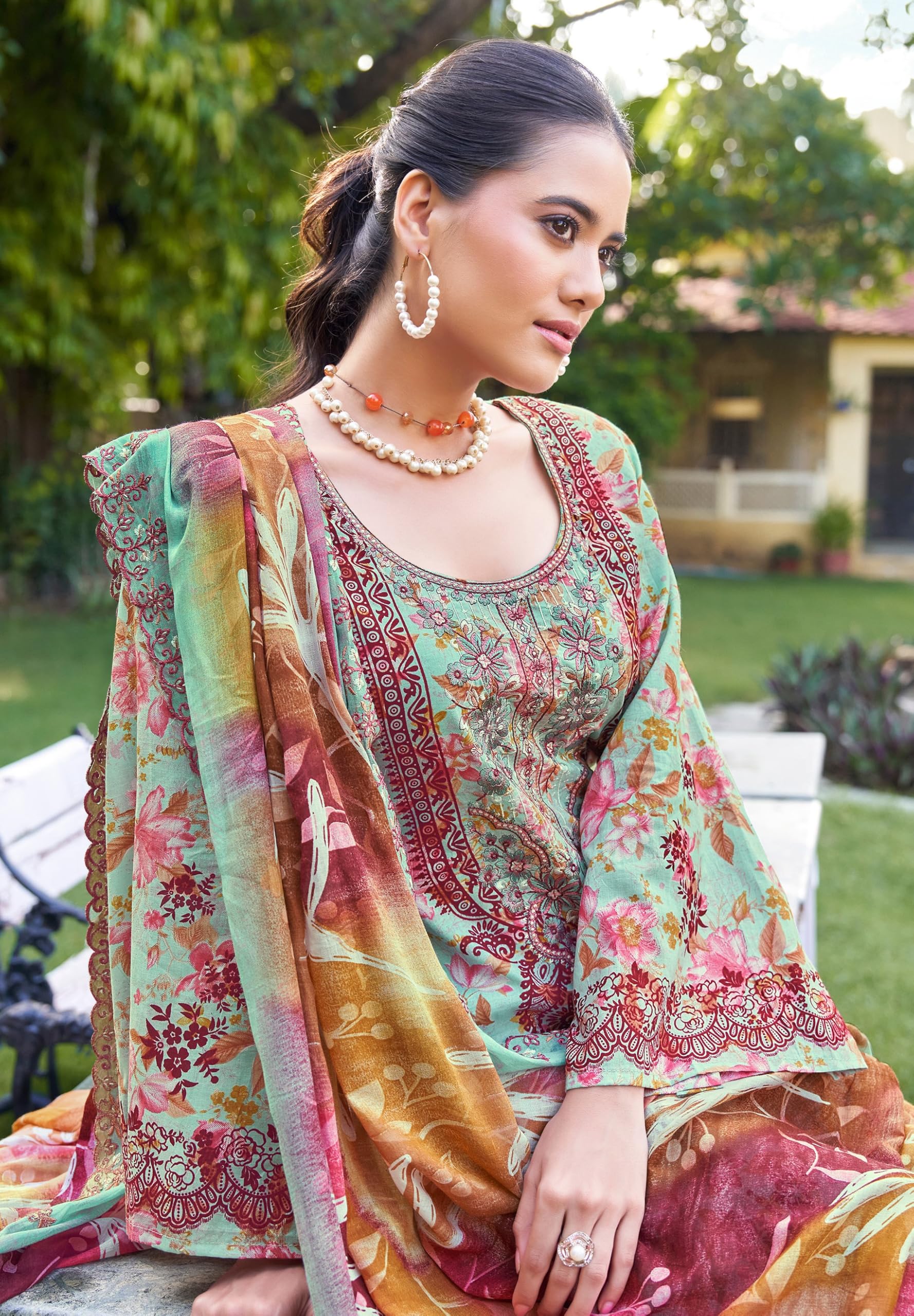 DRAVINAM Trends Unstitched Cotton Suit Dress Material Set: Pakistani Print Top Fabric with Embroidery | Customizable Solid Bottoms | Cotton Fancy Dupatta
