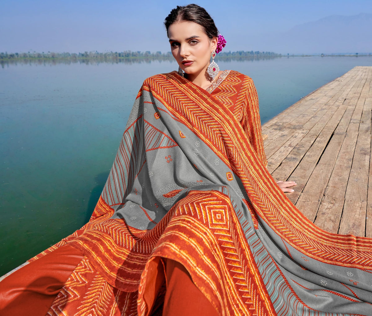 DRAVINAM Trends Women's Pure Pashmina Printed and Embroidered Suit Dress Material with Pure Pashmina Dobby Printed Shawl