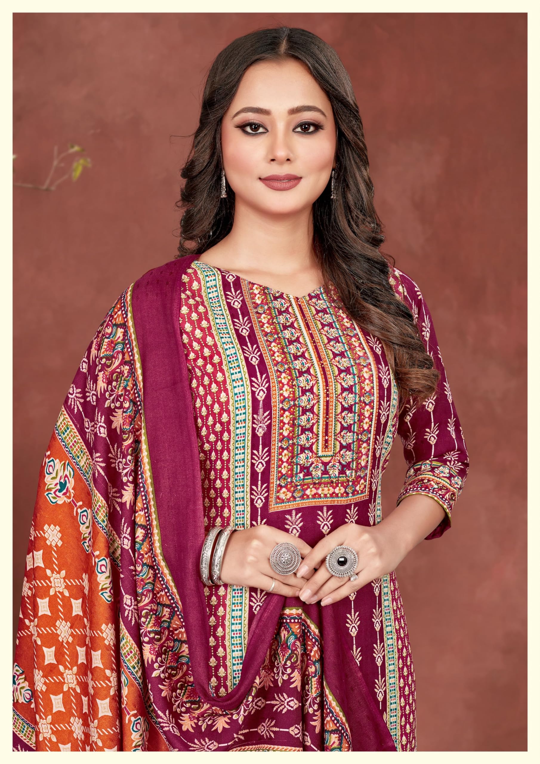 DRAVINAM Trends Women's Unstitched Kaani Print Woolen Pashmina Winter wear Dress Material Fabric for Salwar Suit with printed pashmina Kashmiri shawl dupatta (Pink)