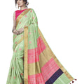 DRAVINAM Trends Women's Foil Printed Thin Cotton saree with Golden Border and Tassels and Blouse Piece (Green and Pink)
