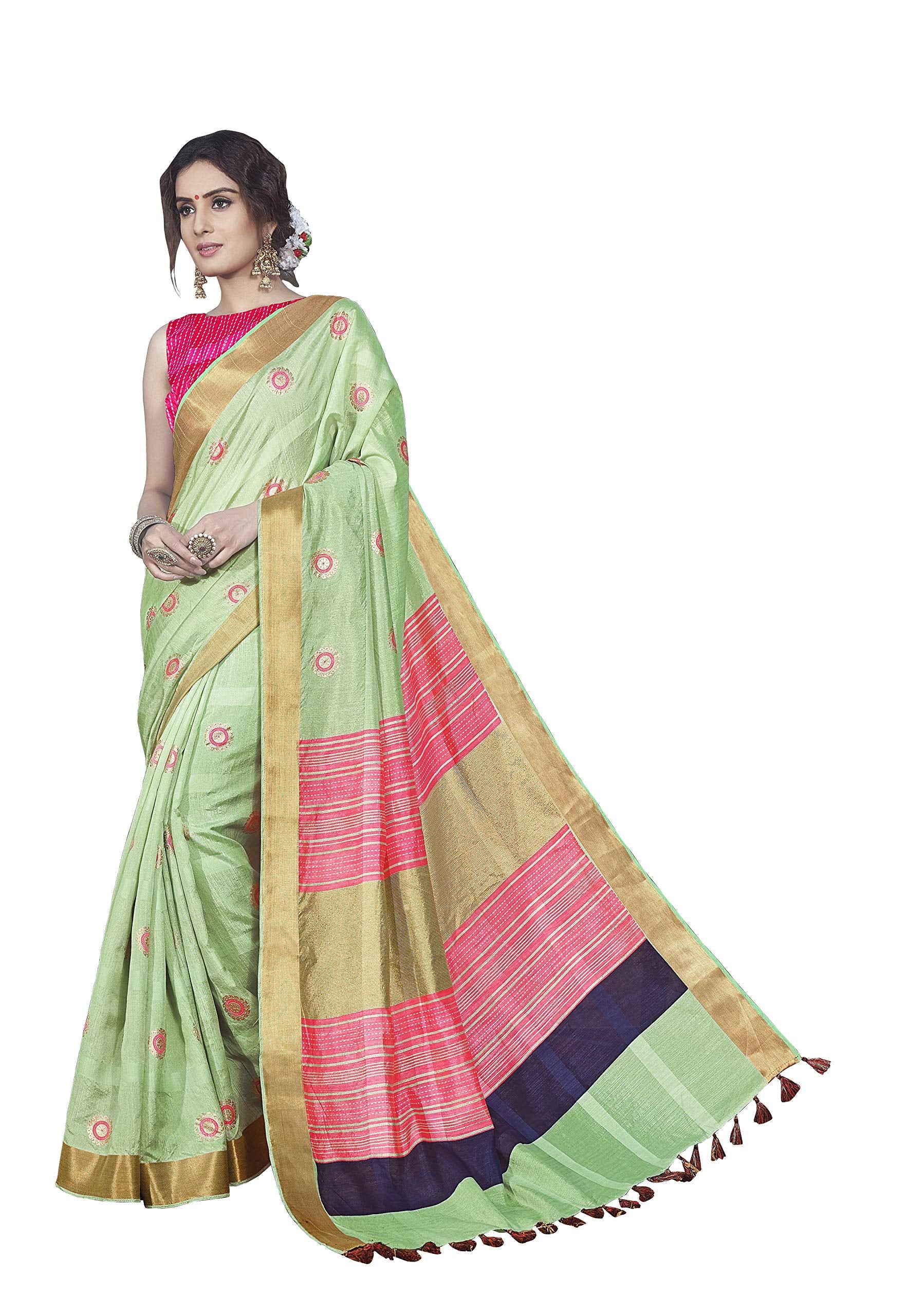 DRAVINAM Trends Women's Foil Printed Thin Cotton saree with Golden Border and Tassels and Blouse Piece (Green and Pink)