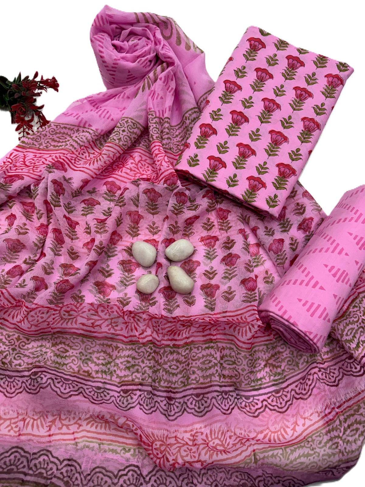 DRAVINAM Trends Hand Block Print Cambric Cotton Unstitched Salwar Suit Set for Women with Pure Chiffon Hand Printed Dupatta