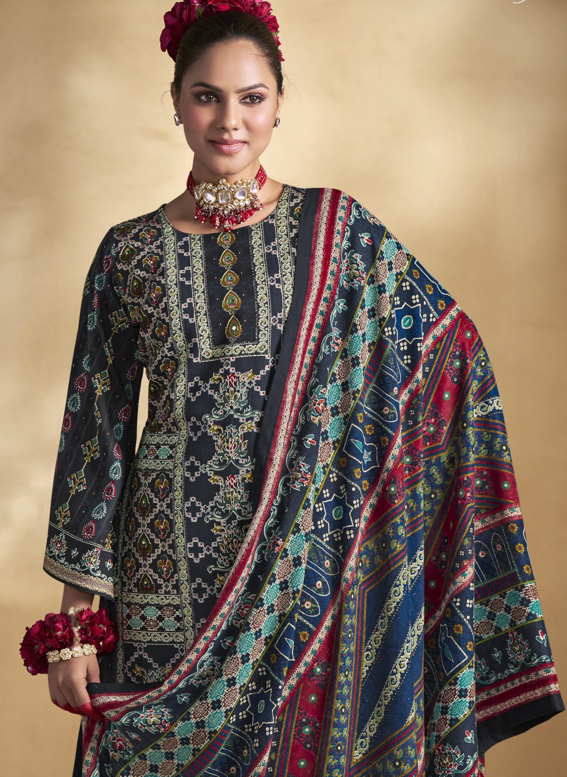DRAVINAM Trends Women's Unstitched Rayon Salwar Suit Dress Material – Heavy Viscose Printed Top with Handwork II Pure Viscose Plain Bottom II Pure Cotton Mal Mal Printed Dupatta