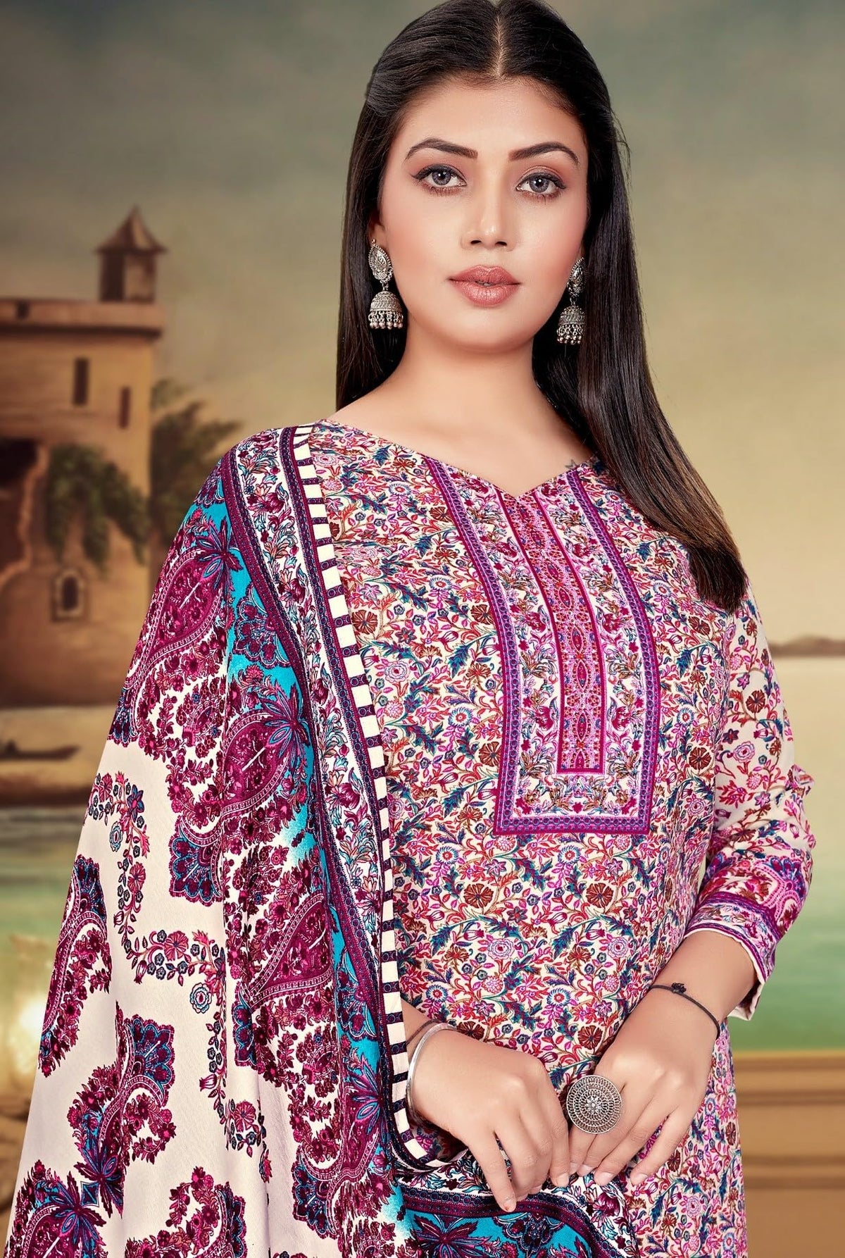 DRAVINAM Trends Women's Kashmiri Kani Printed Woolen Pashmina Unstitch Salwar Suit Dress Material with Printed Woolen Warm Shawl Dupatta
