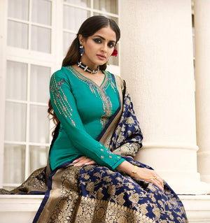 DRAVINAM Trends Women's Satin Georgette Zari Embroidered Unstitched Suit Dress Material with Pure Banarasi Heavy Woven Dupatta (With Inner) (Free size_Blue)