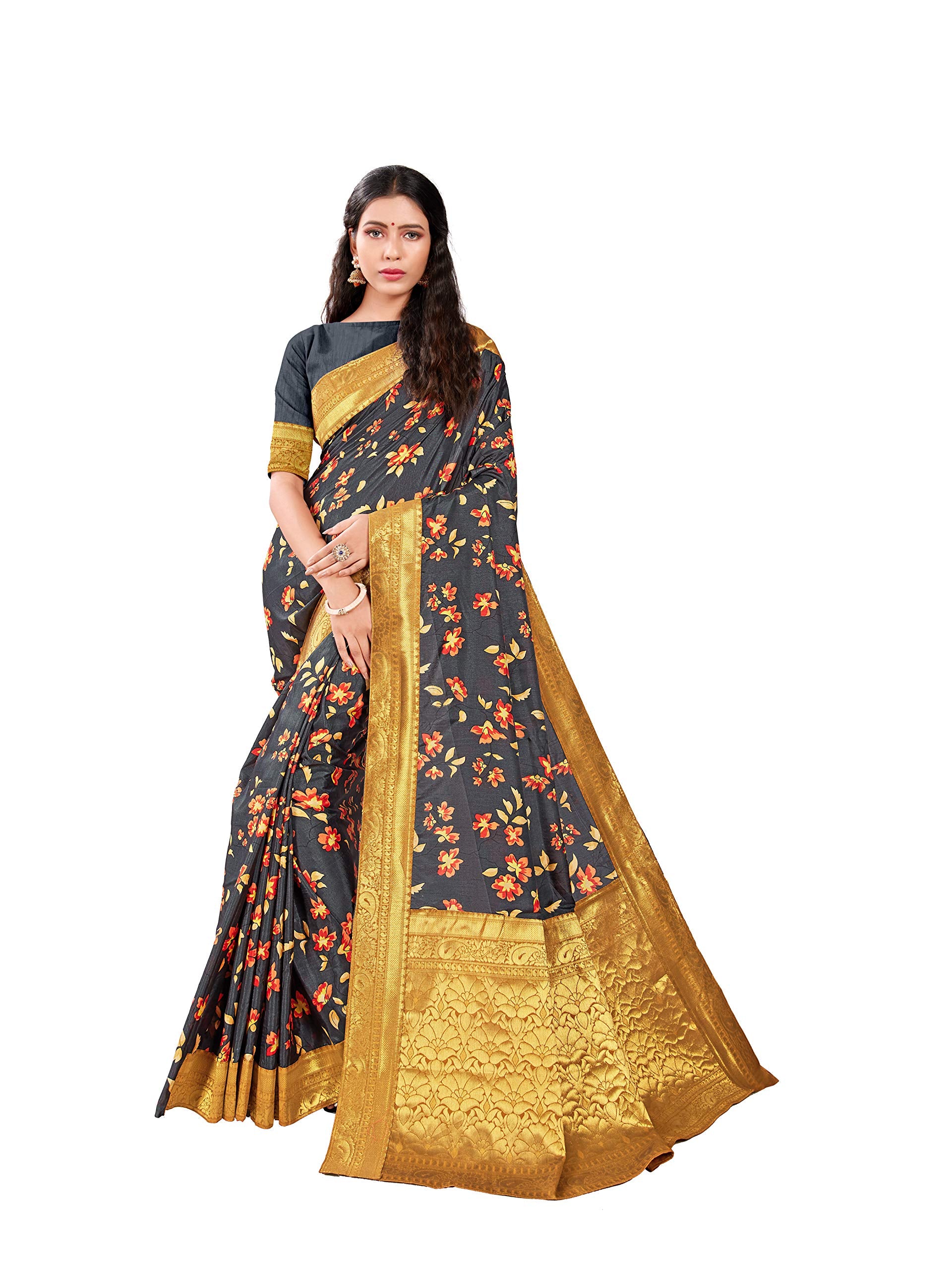 DRAVINAM Trends Printed silk saree with Jacquard Border and Blouse Piece (Dark Grey)