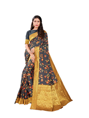 DRAVINAM Trends Printed silk saree with Jacquard Border and Blouse Piece (Dark Grey)