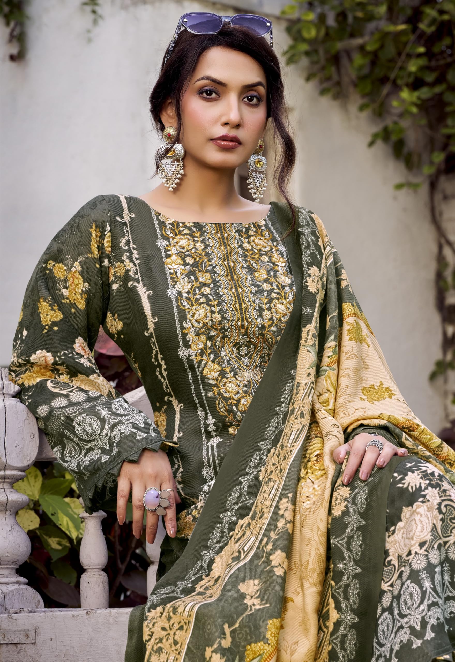 DRAVINAM Trends Women's winter wear unstitched embroidered Woollen Pashmina Suit Dress Material with Pashmina Printed Shawl Dupatta