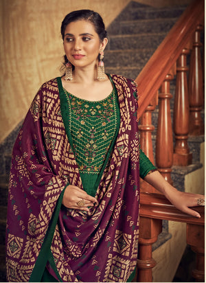 DRAVINAM Trends Women's Pure Wool Pashmina Embroidered Unstitched Palazzo/Pant/Salwar Suit with Pashmina wool Shawl Dupatta/Chunni for/Office Wear/Casual/Winter wear (Green)