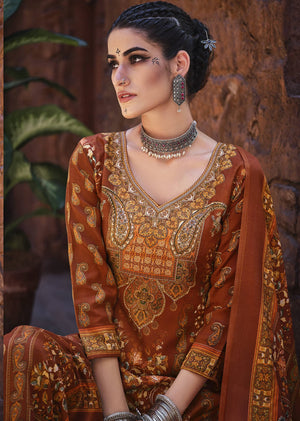 DRAVINAM Trends Un Stitched Women's Woolen Salwar suit Dress Material for winter wear with warm pashmina shawl dupatta (Orange)