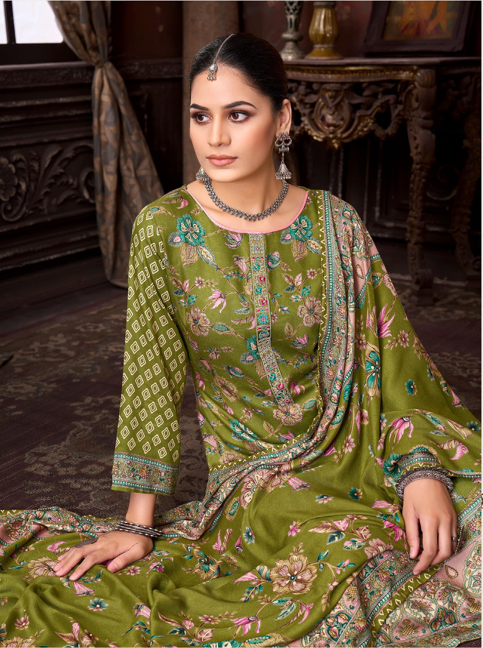 DRAVINAM Trends Women's Winter Wear Unstitched Discharge Print Embroidered Woollen Viscose Pashmina Salwar Suit Dress Material with Pashmina Printed Shawl Dupatta